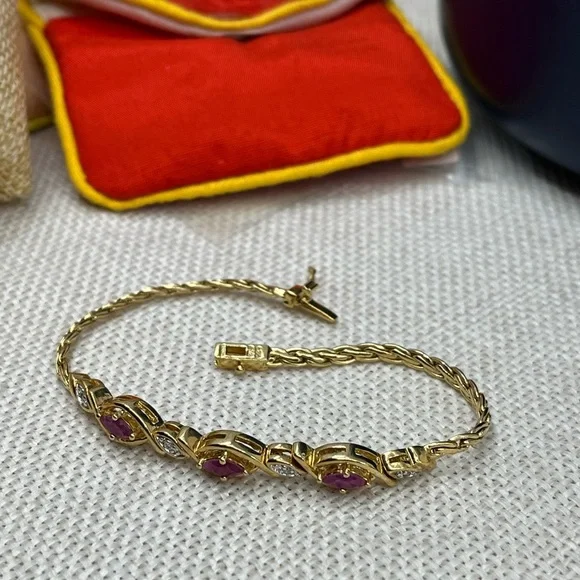 ✨ Vintage 925 Sterling Silver Gold Vermeil Ruby & CZ Tennis Bracelet - 7.25” - Picture 11 of 17